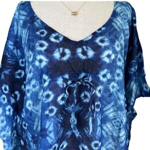 Fragonard Parfumeur Tie Dye Caftan Cover Up Tunic Top Blue Bohemian Resort Wear